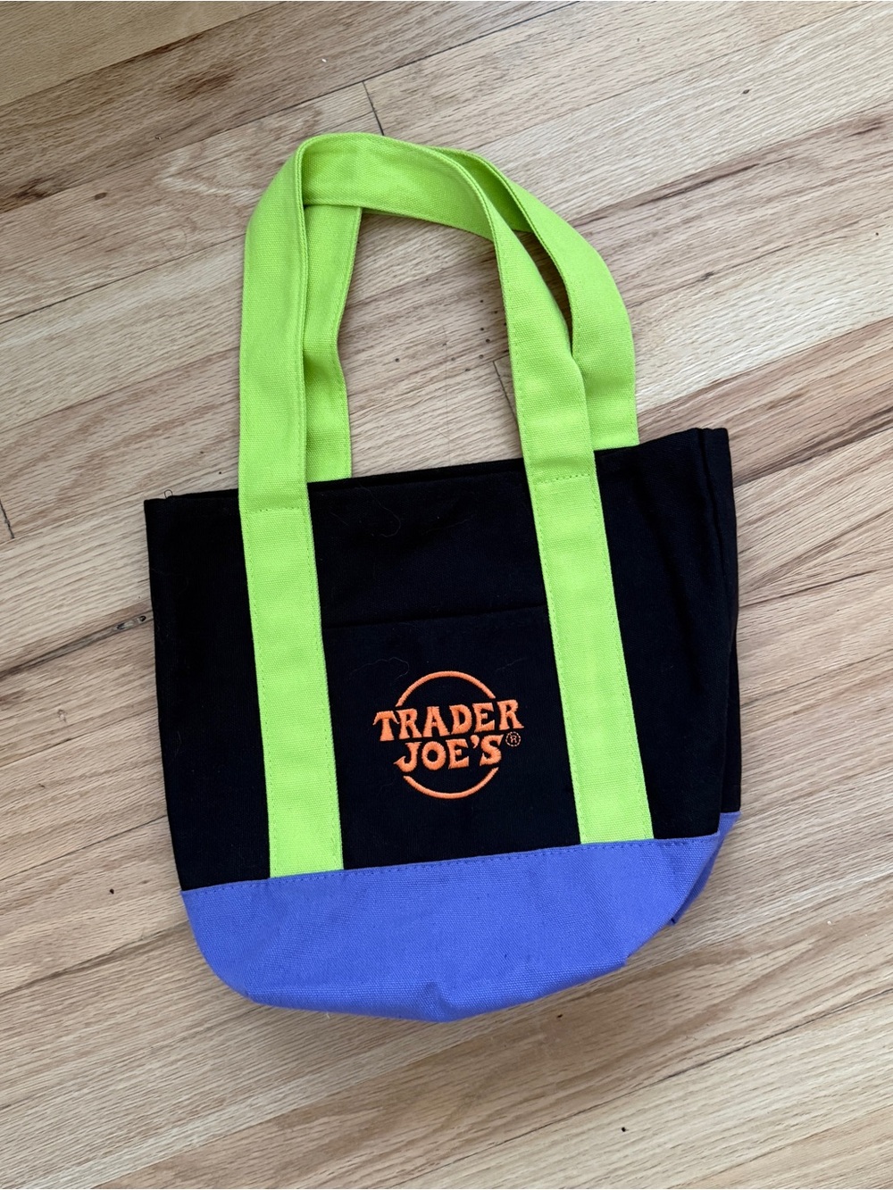 Viral Trader Joe's Halloween Canvas Tote with Neon Green Handles and Purple Base